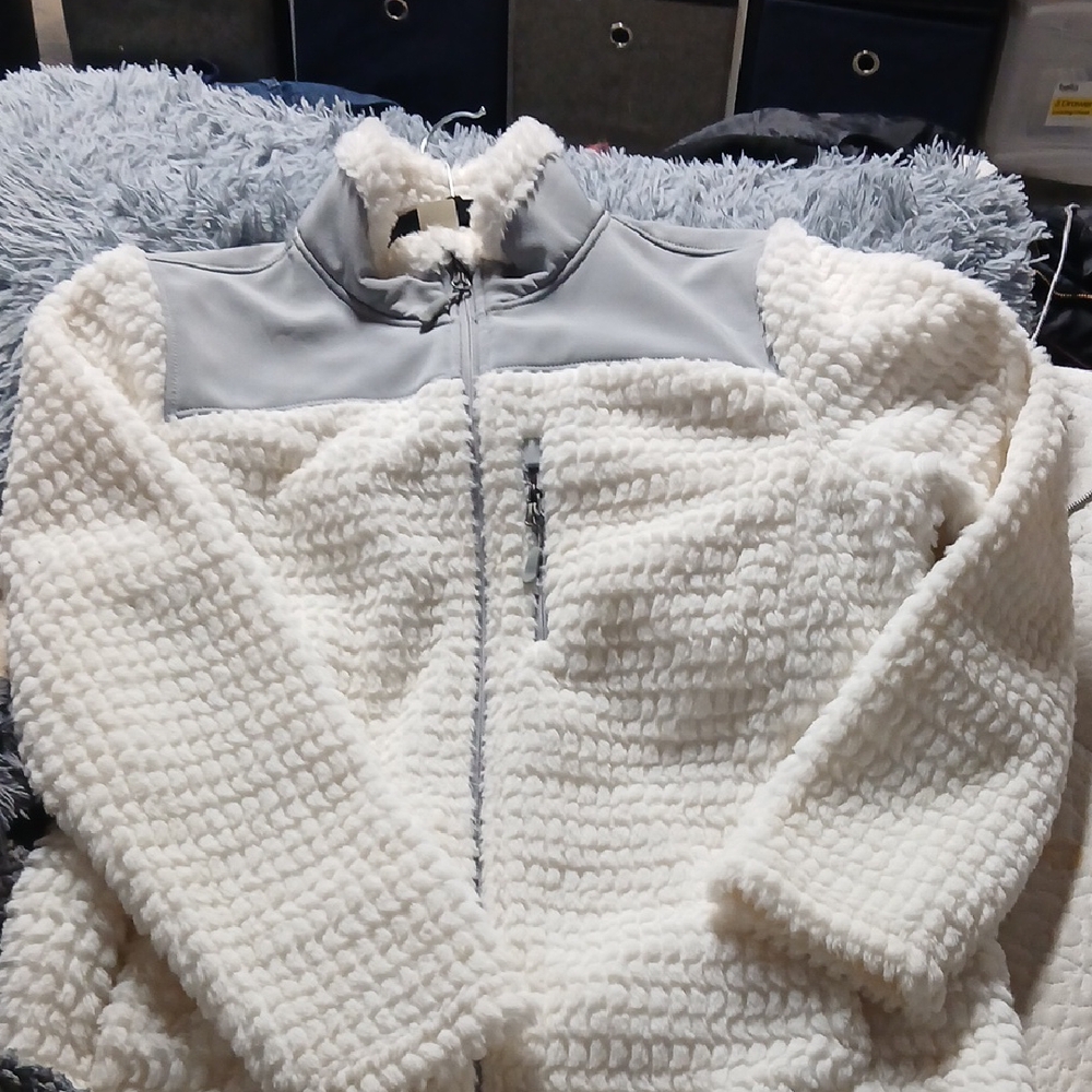 Cozy White and Gray Sherpa Jacket